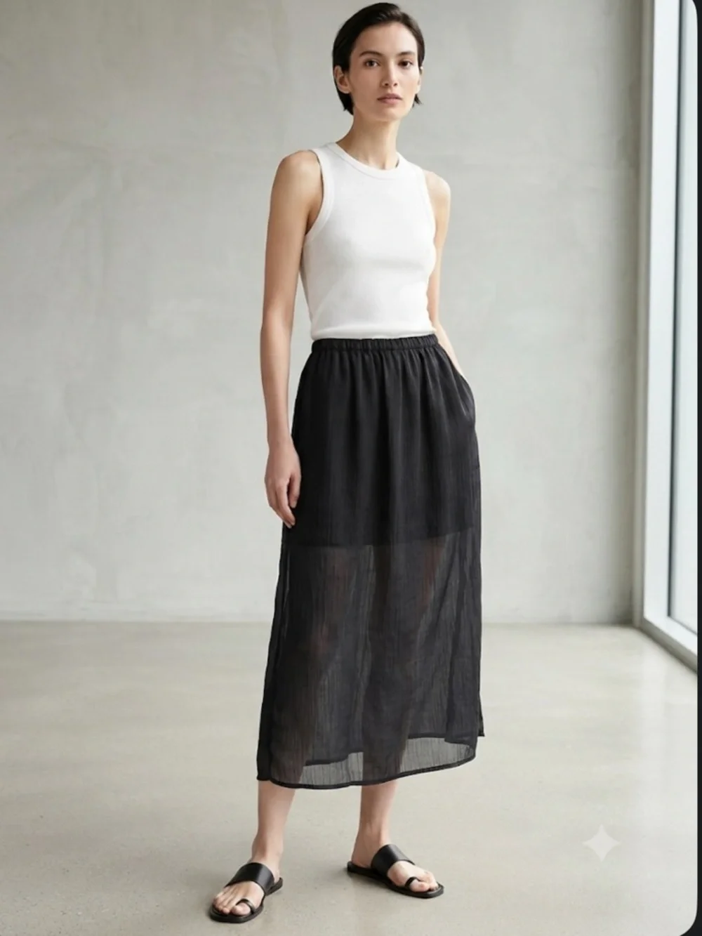 J.Crew Black 100% Cupro Sheer Overlay Midi Skirt Elastic Waist Size Small